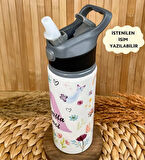 Kişiye Özel İsimli Kız Çocuk Çiçekli Unicorn Temalı Pipetli Suluk Matara 650 ml