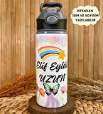 Kişiye Özel İsimli Kız Çocuk Gökkuşağı Pipetli Suluk Matara 650ml