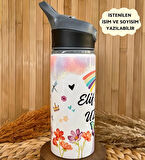 Kişiye Özel İsimli Kız Çocuk Gökkuşağı Pipetli Suluk Matara 650ml