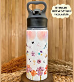Kişiye Özel İsimli Kız Çocuk Gökkuşağı Pipetli Suluk Matara 650ml