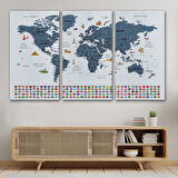 Harita Sepeti Türkçe Dünya Haritası Ayrıntılı Eğitici Sembollü Bayraklı Dekoratif Kanvas Tablo 2842