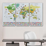 Harita Sepeti Türkçe Dünya Haritası Ayrıntılı Eğitici Sembollü Bayraklı Dekoratif Kanvas Tablo 2848