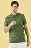 Erkek Haki %100 Pamuk Kıvrılmaz Yaka Slim Fit Dar Kesim Polo Yaka Kısa Kollu Tişört