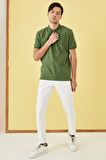 Erkek Haki %100 Pamuk Kıvrılmaz Yaka Slim Fit Dar Kesim Polo Yaka Kısa Kollu Tişört