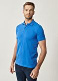 Erkek Royal Mavi %100 Pamuk Kıvrılmaz Yaka Slim Fit Dar Kesim Polo Yaka Kısa Kollu Tişört