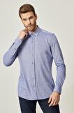 Erkek Mavi Slim Fit Dar Kesim Düğmeli Yaka 360 Derece Her Yöne Esneyen Gömlek