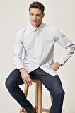 Erkek Beyaz-gri Slim Fit Dar Kesim Düğmeli Yaka Pötikareli Gömlek