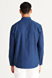 Erkek Koyu Lacivert Düğmeli Yaka Pamuklu Slim Fit Dar Kesim Oxford Gömlek