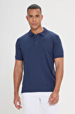 Erkek Çekmeyen Pamuklu Kumaş Slim Fit Dar Kesim Lacivert Kıvrılmaz Polo Yaka Tişört