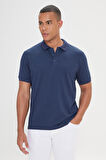 Erkek Çekmeyen Pamuklu Kumaş Slim Fit Dar Kesim Lacivert Kıvrılmaz Polo Yaka Tişört