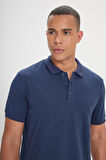 Erkek Çekmeyen Pamuklu Kumaş Slim Fit Dar Kesim Lacivert Kıvrılmaz Polo Yaka Tişört