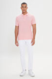 Erkek Çekmeyen Pamuklu Kumaş Slim Fit Dar Kesim Pembe-Beyaz Kıvrılmaz Polo Yaka Tişört