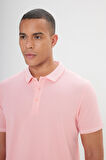 Erkek Çekmeyen Pamuklu Kumaş Slim Fit Dar Kesim Pembe-Beyaz Kıvrılmaz Polo Yaka Tişört