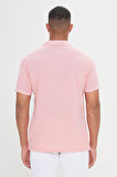 Erkek Çekmeyen Pamuklu Kumaş Slim Fit Dar Kesim Pembe-Beyaz Kıvrılmaz Polo Yaka Tişört