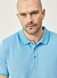 Erkek Çekmeyen Pamuklu Kumaş Slim Fit Dar Kesim Saks-Beyaz Kıvrılmaz Polo Yaka Tişört