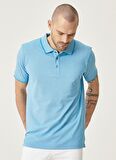 Erkek Çekmeyen Pamuklu Kumaş Slim Fit Dar Kesim Saks-Beyaz Kıvrılmaz Polo Yaka Tişört