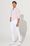 Erkek Pembe Tailored Slim Fit Dar Kesim Oxford Düğmeli Yaka Keten Görünümlü %100 Pamuk Flamlı Gömlek