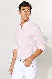 Erkek Pembe Tailored Slim Fit Dar Kesim Oxford Düğmeli Yaka Keten Görünümlü %100 Pamuk Flamlı Gömlek