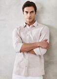 Erkek Bej Slim Fit Dar Kesim %100 Pamuk Klasik Yaka Çizgili Gömlek