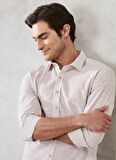 Erkek Bej Slim Fit Dar Kesim %100 Pamuk Klasik Yaka Çizgili Gömlek