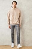 Erkek Bej Oversize Bol Kesim Kapüşonlu Yaka Baskılı Sweatshirt