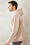 Erkek Bej Oversize Bol Kesim Kapüşonlu Yaka Baskılı Sweatshirt
