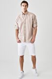 Erkek Camel Comfort Fit Rahat Kesim Düğmeli Yaka Casual Keten Gömlek