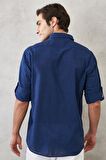 Erkek Indigo Comfort Fit Rahat Kesim Düğmeli Yaka Casual Keten Gömlek