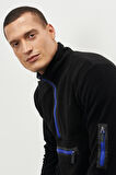 Erkek Siyah Standart Fit Normal Kesim Bato Yaka Kolda Fermuar Detaylı Isı Koruyan Sweatshirt Polar
