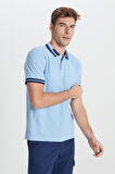 Erkek Açık Mavi Slim Fit Dar Kesim %100 Pamuk Kıvrılmaz Polo Yaka Tişört