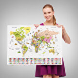 Harita Sepeti Türkçe Dünya Haritası Ayrıntılı Eğitici Sembollü Bayraklı Dekoratif Kanvas Tablo 2850