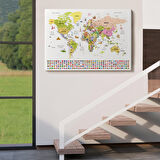 Harita Sepeti Türkçe Dünya Haritası Ayrıntılı Eğitici Sembollü Bayraklı Dekoratif Kanvas Tablo 2850