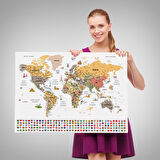 Harita Sepeti Türkçe Dünya Haritası Ayrıntılı Eğitici Sembollü Bayraklı Dekoratif Kanvas Tablo 2854