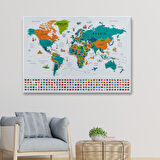 Harita Sepeti Dünya Haritası Ayrıntılı Eğitici Sembollü Bayraklı Dekoratif Kanvas Tablo 2855