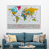 Harita Sepeti Dünya Haritası Ayrıntılı Eğitici Sembollü Bayraklı Dekoratif Kanvas Tablo 2867