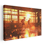 Okul Koridoru - Altın Günbatımı Anime Kanvas Tablo