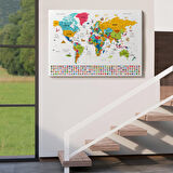 Harita Sepeti Türkçe Dünya Haritası Ayrıntılı Eğitici Sembollü Bayraklı Dekoratif Kanvas Tablo 2868