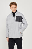 Erkek Gri Melanj Oversize Fit Genis Kesim Bato Yaka Cep Detayli Fermuarli Isi Tutan Polar Sweatshirt