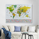 Harita Sepeti Dünya Haritası Ayrıntılı Eğitici Sembollü Bayraklı Dekoratif Kanvas Tablo 2875