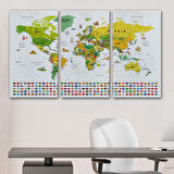 Harita Sepeti Dünya Haritası Ayrıntılı Eğitici Sembollü Bayraklı Dekoratif Kanvas Tablo 2875