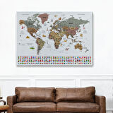 Harita Sepeti Türkçe Dünya Haritası Ayrıntılı Eğitici Sembollü Bayraklı Dekoratif Kanvas Tablo 2880