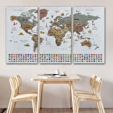 Harita Sepeti Türkçe Dünya Haritası Ayrıntılı Eğitici Sembollü Bayraklı Dekoratif Kanvas Tablo 2880