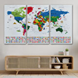 Harita Sepeti Dünya Haritası Ayrıntılı Eğitici Sembollü Bayraklı Dekoratif Kanvas Tablo 2881