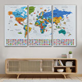 Harita Sepeti Türkçe Dünya Haritası Ayrıntılı Eğitici Sembollü Bayraklı Dekoratif Kanvas Tablo 2886