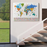 Harita Sepeti Türkçe Dünya Haritası Ayrıntılı Eğitici Sembollü Bayraklı Dekoratif Kanvas Tablo 2886