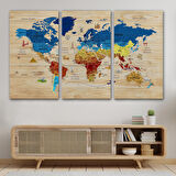 Harita Sepeti Ahşap Görünümlü Türkçe Dünya Haritası Sembollü Eğitici Dekoratif Kanvas Tablo 2891