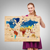 Harita Sepeti Ahşap Görünümlü Türkçe Dünya Haritası Sembollü Eğitici Dekoratif Kanvas Tablo 2891