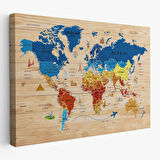Harita Sepeti Ahşap Görünümlü Dünya Haritası Sembollü Eğitici Dekoratif Kanvas Tablo 2892