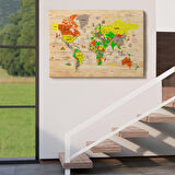 Harita Sepeti Ahşap Görünümlü Türkçe Dünya Haritası Sembollü Eğitici Dekoratif Kanvas Tablo 2893