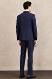 Erkek Lacivert Slim Fit Dar Kesim Mono Yaka Desenli Yelekli Smokin Takım
